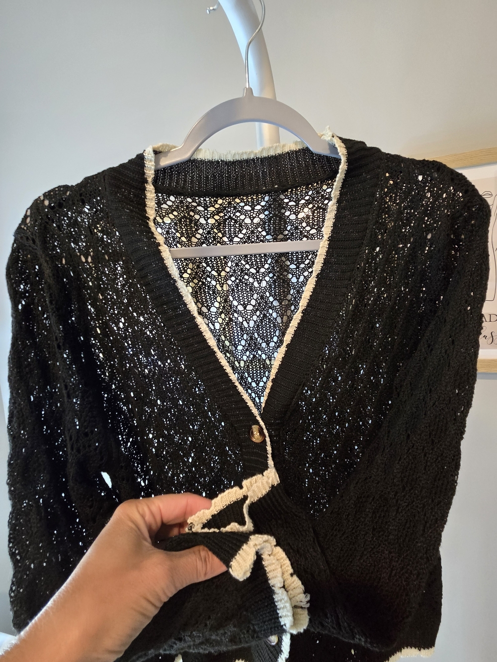 Black Crochet V‑Neck Button Cardigan with Cream Trim